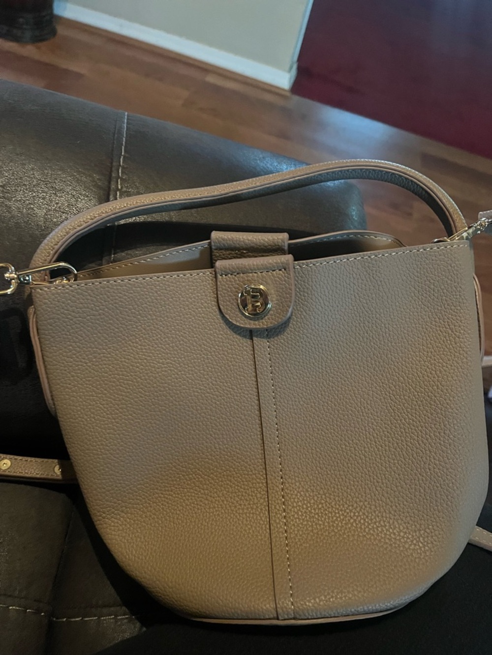 Taupe Leather Crossbody Bag with Turn-Lock Closure